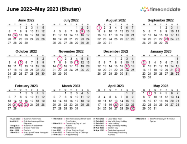 Calendar for 2022 in Bhutan