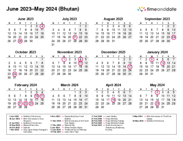 Calendar for 2023 in Bhutan