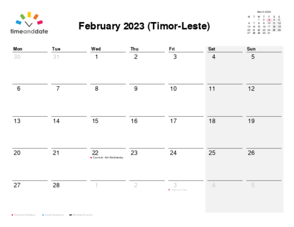 Calendar for 2023 in Timor-Leste