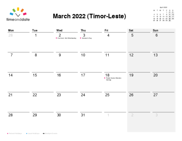 Calendar for 2022 in Timor-Leste