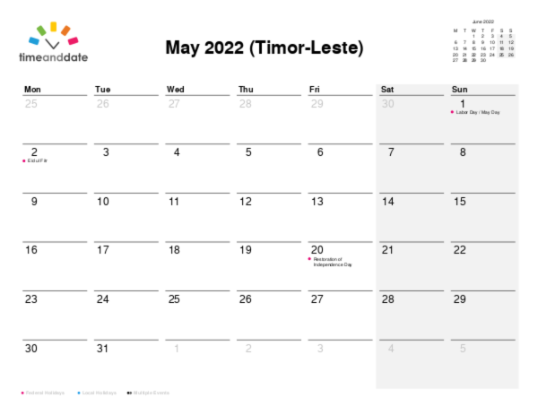 Calendar for 2022 in Timor-Leste