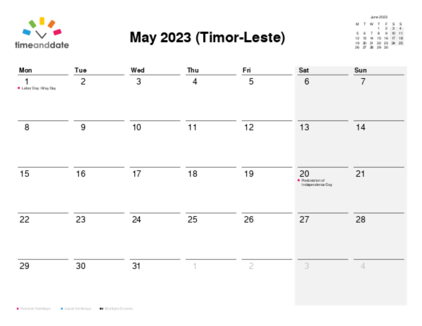 Calendar for 2023 in Timor-Leste