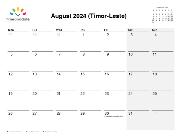Calendar for 2024 in Timor-Leste