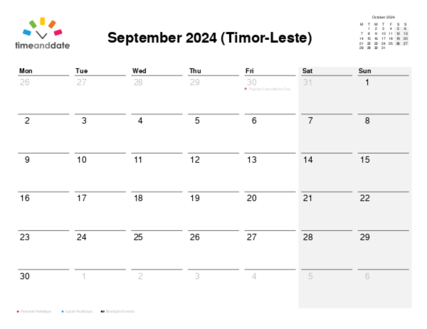 Calendar for 2024 in Timor-Leste