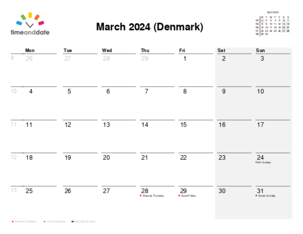 Calendar for 2024 in Denmark
