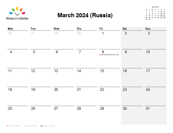 Calendar for 2024 in Russia