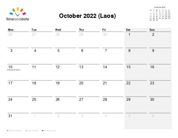 Calendar for 2022 in Laos