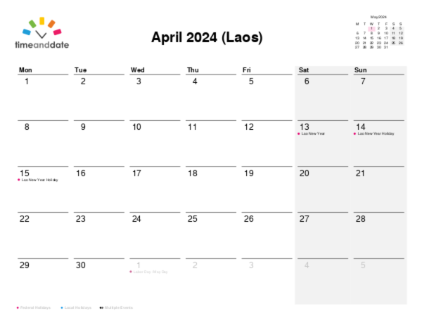 Calendar for 2024 in Laos