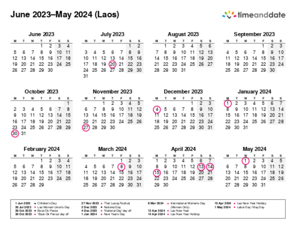 Calendar for 2023 in Laos