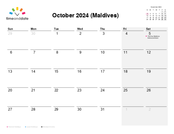 Calendar for 2024 in Maldives
