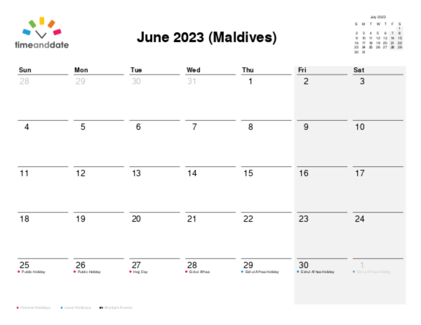 Calendar for 2023 in Maldives