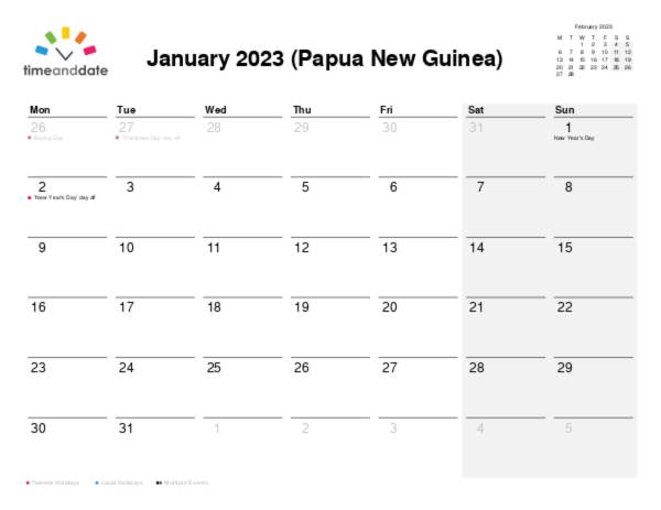 Calendar for 2023 in Papua New Guinea