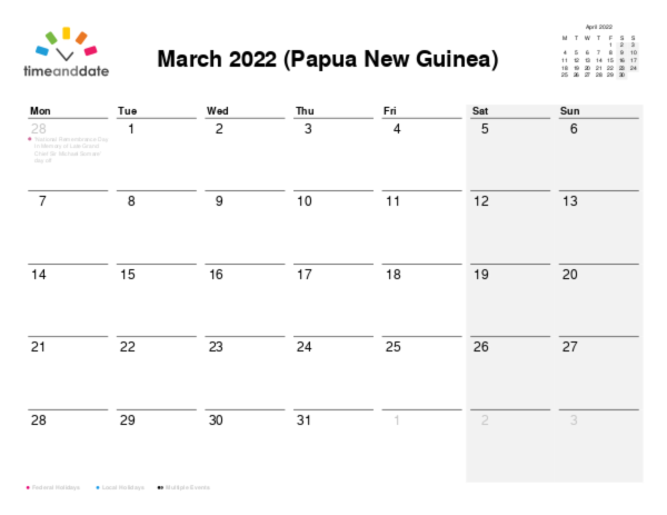 Calendar for 2022 in Papua New Guinea