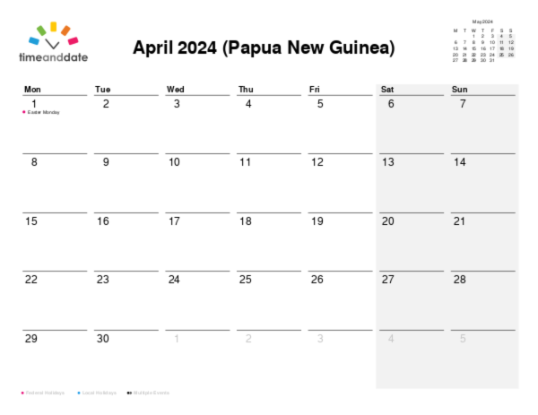 Calendar for 2024 in Papua New Guinea