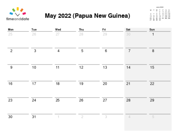 Calendar for 2022 in Papua New Guinea