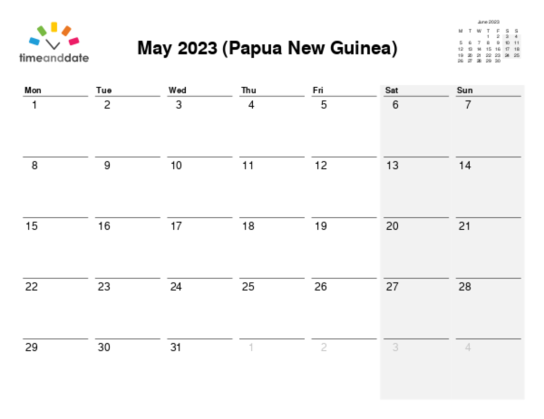 Calendar for 2023 in Papua New Guinea