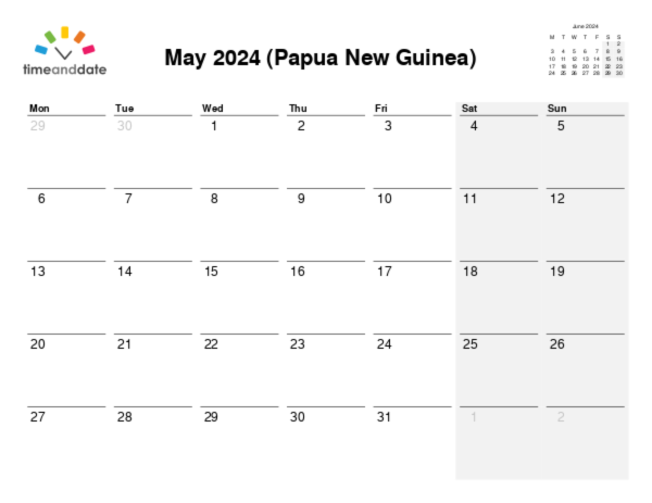 Calendar for 2024 in Papua New Guinea