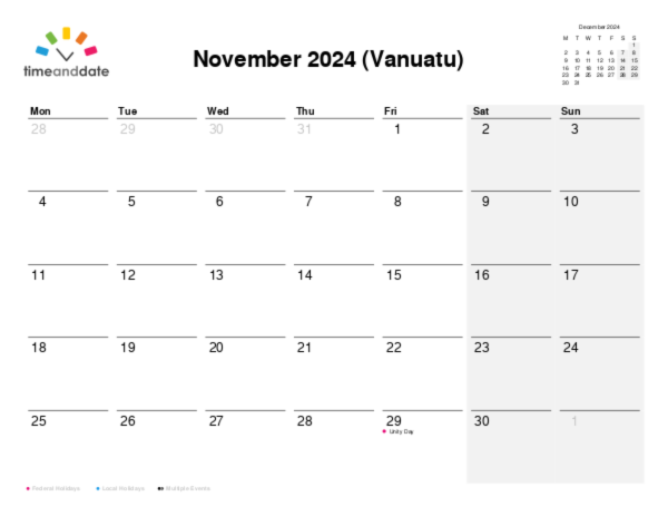 Calendar for 2024 in Vanuatu
