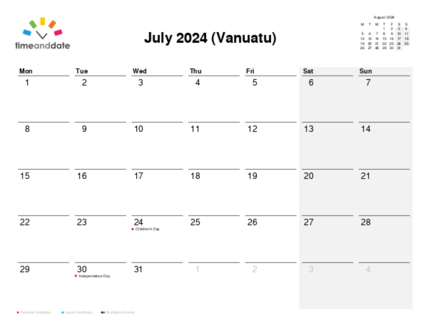 Calendar for 2024 in Vanuatu
