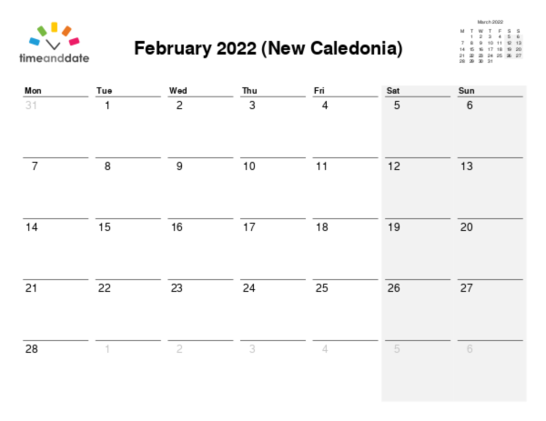Calendar for 2022 in New Caledonia