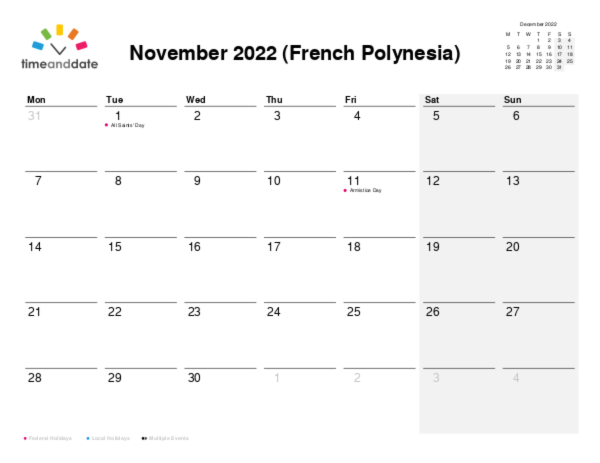 Calendar for 2022 in French Polynesia