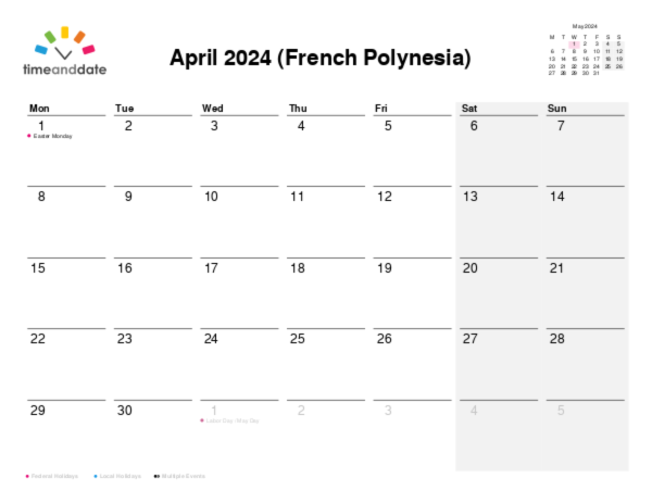 Calendar for 2024 in French Polynesia