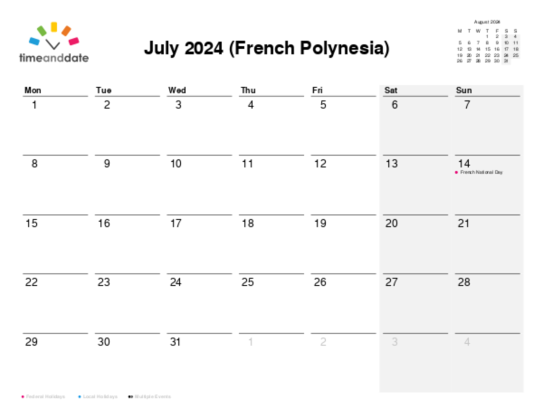 Calendar for 2024 in French Polynesia