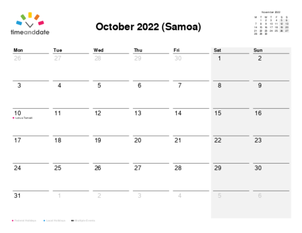Calendar for 2022 in Samoa