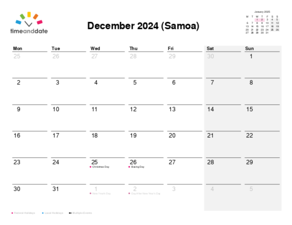 Calendar for 2024 in Samoa