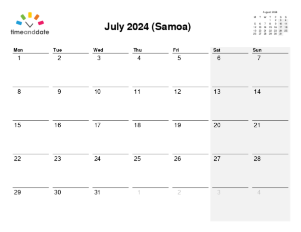 Calendar for 2024 in Samoa