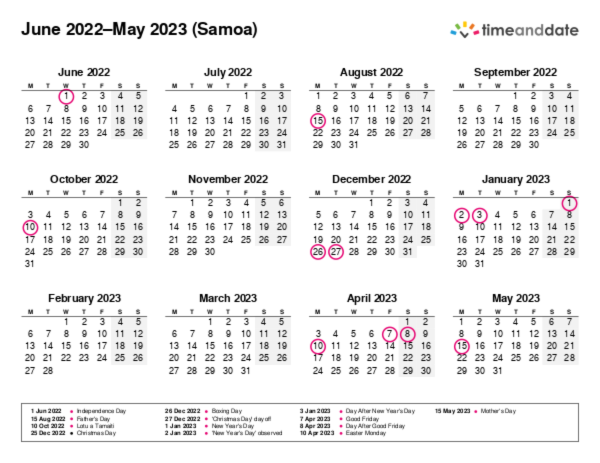 Calendar for 2022 in Samoa