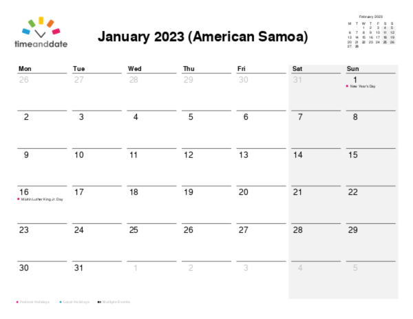 Calendar for 2023 in American Samoa