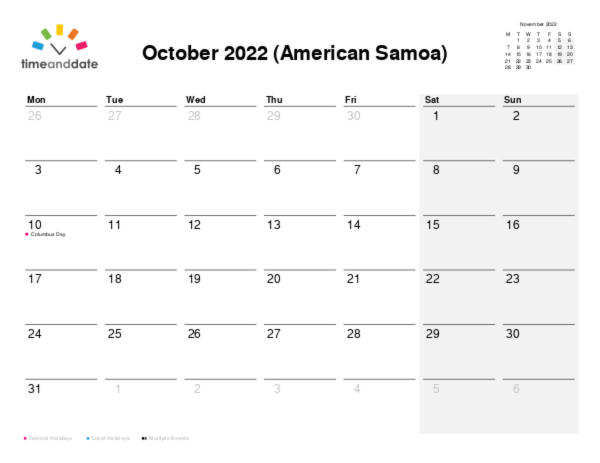Calendar for 2022 in American Samoa