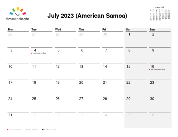 Calendar for 2023 in American Samoa