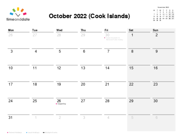 Calendar for 2022 in Cook Islands