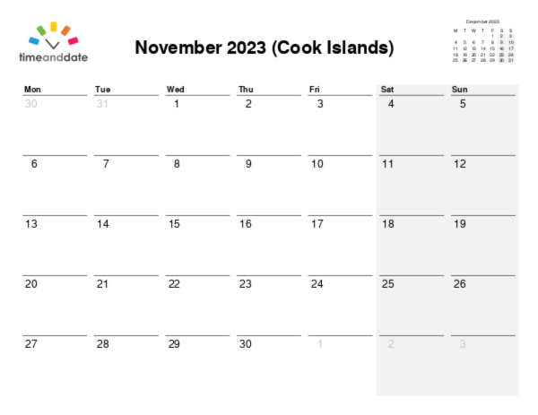 Calendar for 2023 in Cook Islands