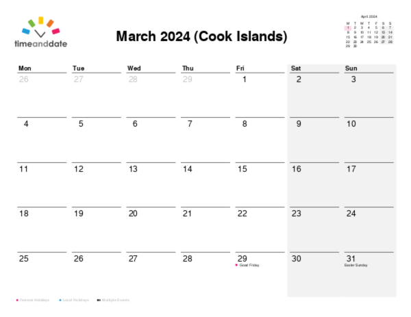 Calendar for 2024 in Cook Islands