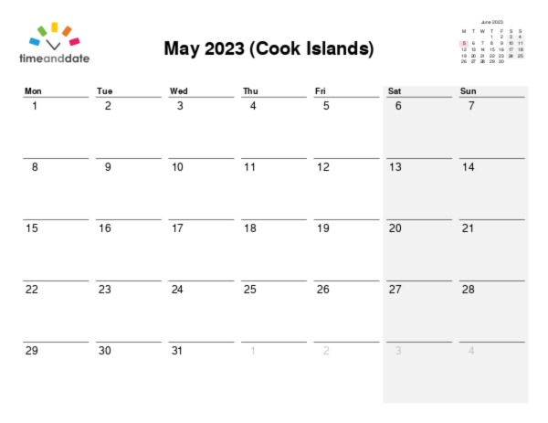 Calendar for 2023 in Cook Islands