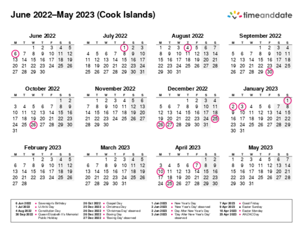 Calendar for 2022 in Cook Islands