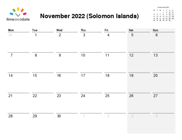 Calendar for 2022 in Solomon Islands