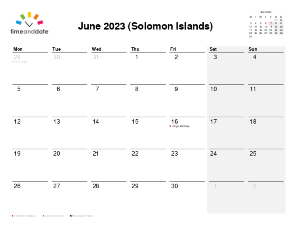 Calendar for 2023 in Solomon Islands