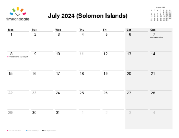 Calendar for 2024 in Solomon Islands