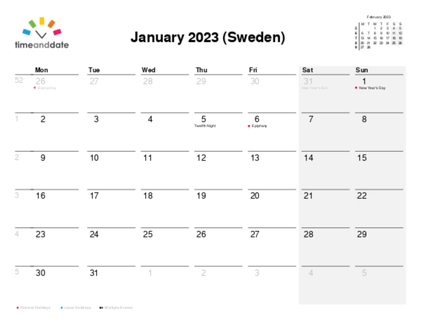 Calendar for 2023 in Sweden