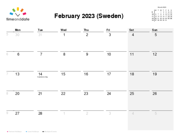 Calendar for 2023 in Sweden