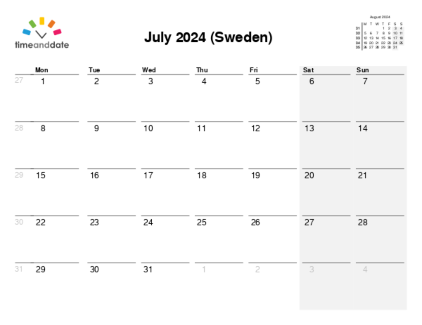 Calendar for 2024 in Sweden