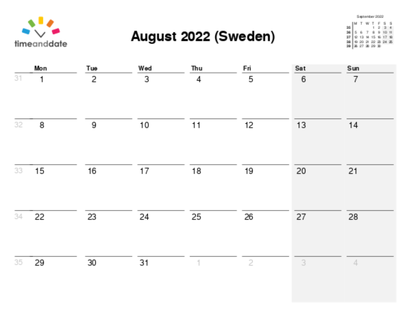 Calendar for 2022 in Sweden