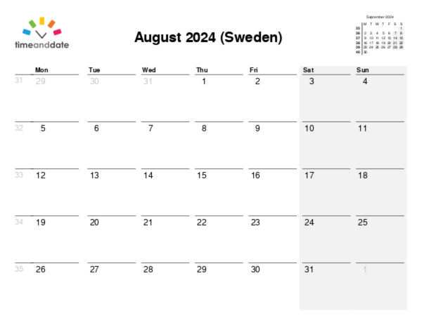 Calendar for 2024 in Sweden