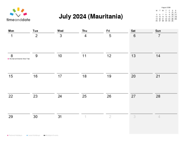 Calendar for 2024 in Mauritania