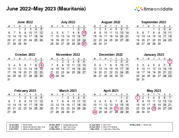 Calendar for 2022 in Mauritania