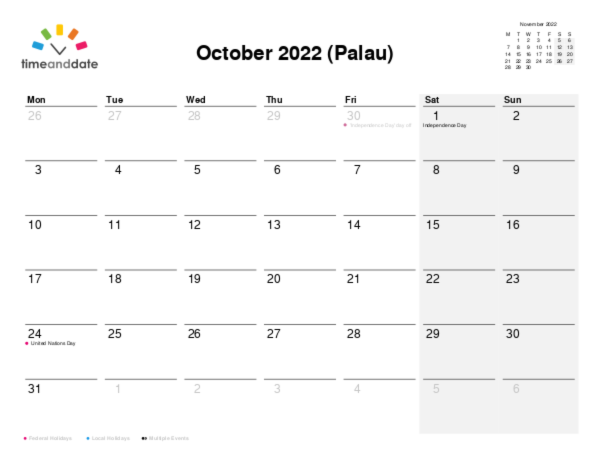 Calendar for 2022 in Palau